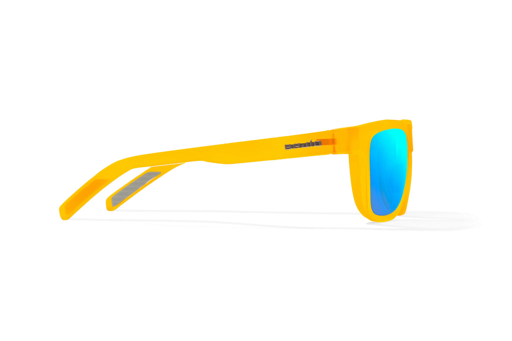 Side view of Yellow Glass Matte Hopedale Bajio surf sunglasses, bio-based nylon frames with blue mirror polarized lenses, medium wrap, large fit, premium built in sun ledge and flex hinges, ideal for fishing and outdoor use.