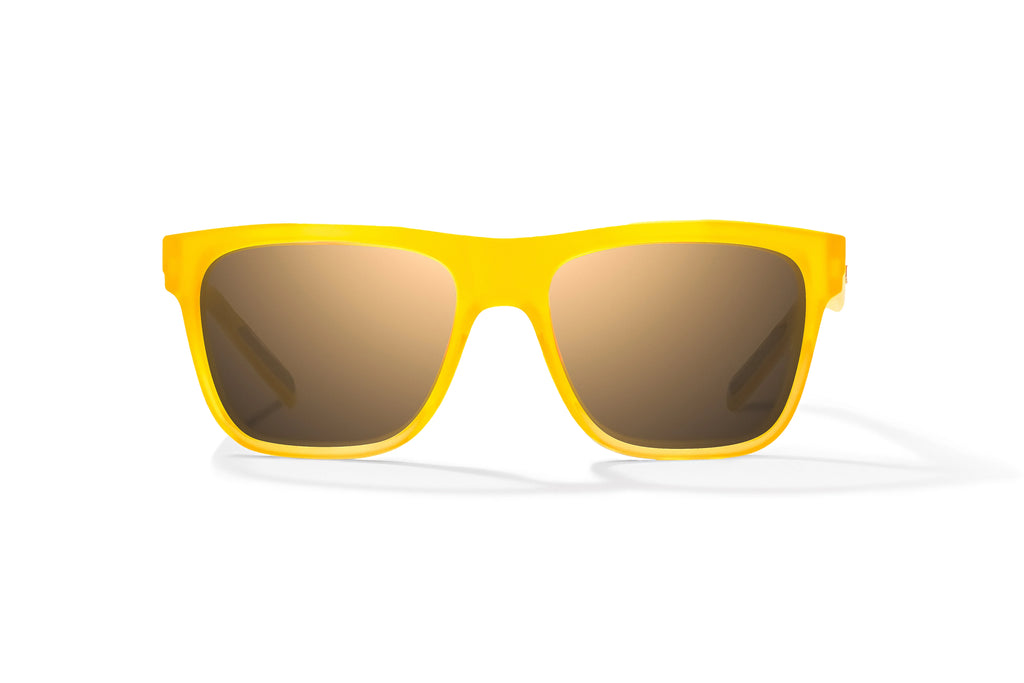 Front view of Yellow Glass Matte Hopedale Bajio surf sunglasses, bio-based nylon frames with copper polarized lenses, medium wrap, large fit, premium built in sun ledge and flex hinges, ideal for fishing and outdoor use.