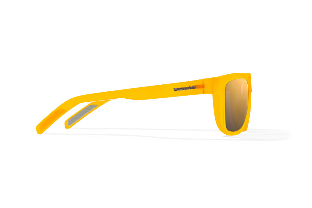 Side view of Yellow Glass Matte Hopedale Bajio surf sunglasses, bio-based nylon frames with copper polarized lenses, medium wrap, large fit, premium built in sun ledge and flex hinges, ideal for fishing and outdoor use.
