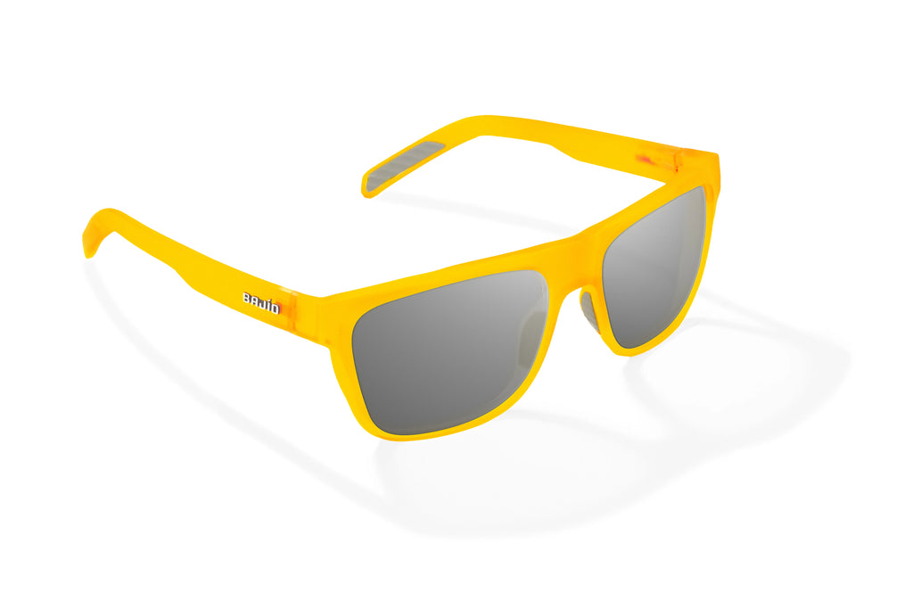 Angled view of Yellow Glass Matte Hopedale Bajio surf sunglasses, bio-based nylon frames with gray polarized lenses, medium wrap, large fit, premium built in sun ledge and flex hinges, ideal for fishing and outdoor use.