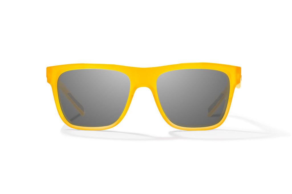 Front view of Yellow Glass Matte Hopedale Bajio surf sunglasses, bio-based nylon frames with gray polarized lenses, medium wrap, large fit, premium built in sun ledge and flex hinges, ideal for fishing and outdoor use.