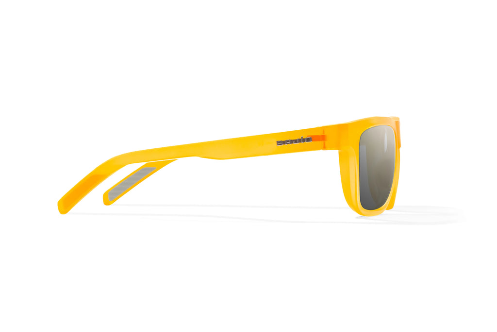 Side view of Yellow Glass Matte Hopedale Bajio surf sunglasses, bio-based nylon frames with gray polarized lenses, medium wrap, large fit, premium built in sun ledge and flex hinges, ideal for fishing and outdoor use.