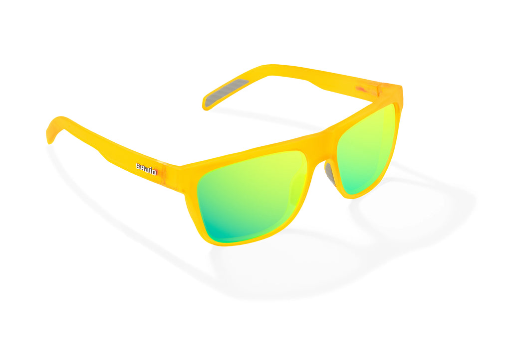 Angled view of Yellow Glass Matte Hopedale Bajio surf sunglasses, bio-based nylon frames with green mirror polarized lenses, medium wrap, large fit, premium built in sun ledge and flex hinges, ideal for fishing and outdoor use.