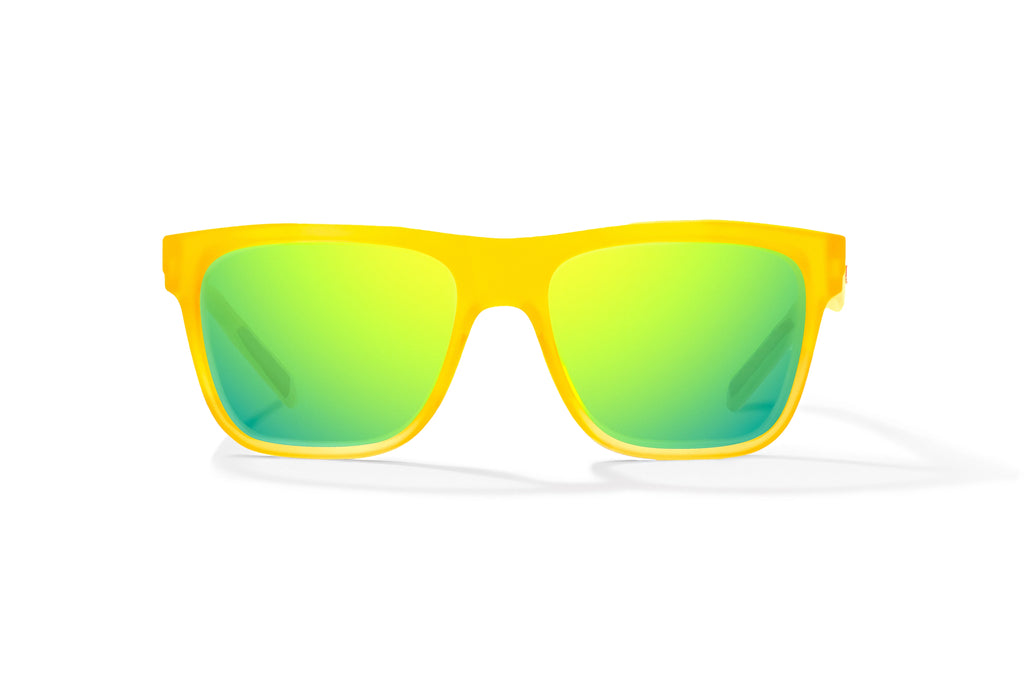 Front view of Yellow Glass Matte Hopedale Bajio surf sunglasses, bio-based nylon frames with green mirror polarized lenses, medium wrap, large fit, premium built in sun ledge and flex hinges, ideal for fishing and outdoor use.
