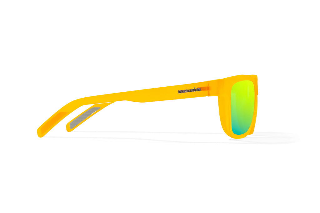 Side view of Yellow Glass Matte Hopedale Bajio surf sunglasses, bio-based nylon frames with green mirror polarized lenses, medium wrap, large fit, premium built in sun ledge and flex hinges, ideal for fishing and outdoor use.