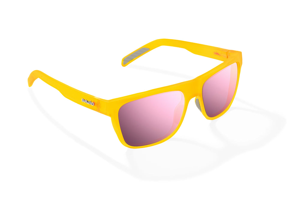 Angled view of Yellow Glass Matte Hopedale Bajio surf sunglasses, bio-based nylon frames with rose mirror polarized lenses, medium wrap, large fit, premium built in sun ledge and flex hinges, ideal for fishing and outdoor use.