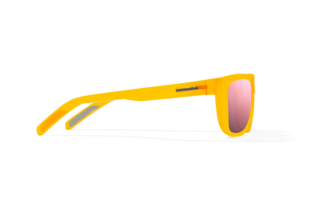 Side view of Yellow Glass Matte Hopedale Bajio surf sunglasses, bio-based nylon frames with rose mirror polarized lenses, medium wrap, large fit, premium built in sun ledge and flex hinges, ideal for fishing and outdoor use.