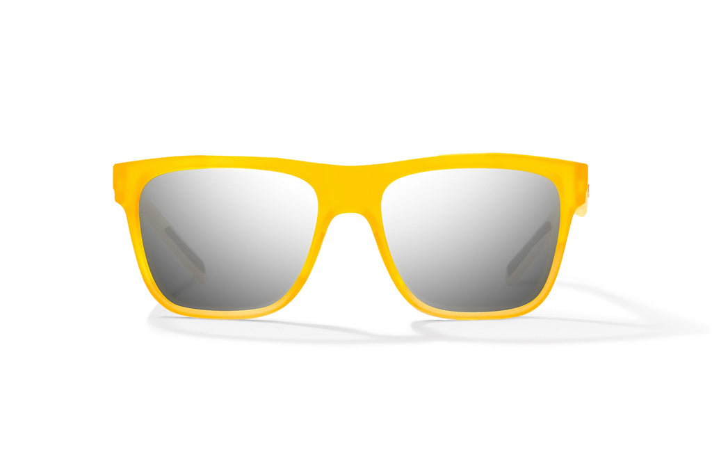 Front view of Yellow Glass Matte Hopedale Bajio surf sunglasses, bio-based nylon frames with silver mirror polarized lenses, medium wrap, large fit, premium built in sun ledge and flex hinges, ideal for fishing and outdoor use.