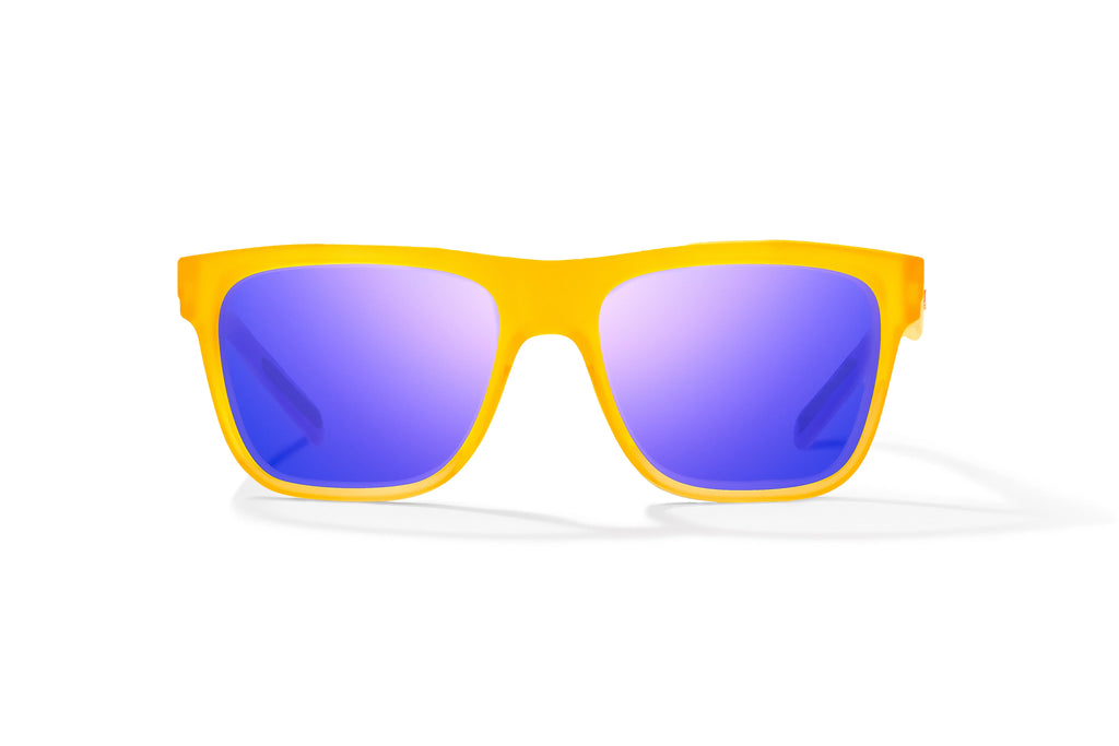 Front view of Yellow Glass Matte Hopedale Bajio surf sunglasses, bio-based nylon frames with violet mirror polarized lenses, medium wrap, large fit, premium built in sun ledge and flex hinges, ideal for fishing and outdoor use.