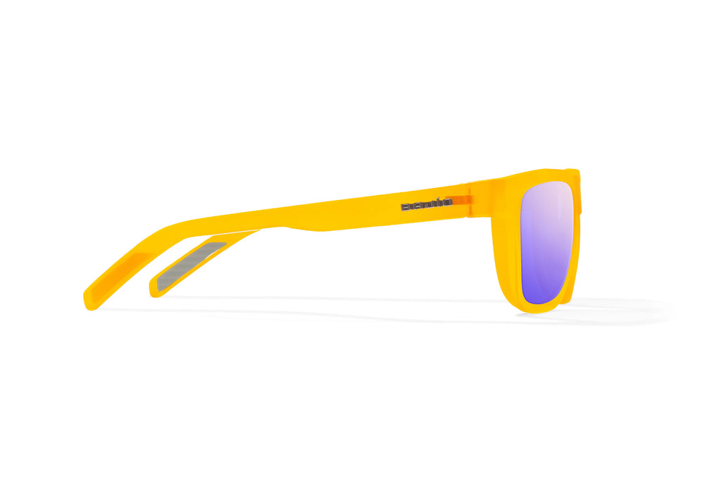 Side view of Yellow Glass Matte Hopedale Bajio surf sunglasses, bio-based nylon frames with violet mirror polarized lenses, medium wrap, large fit, premium built in sun ledge and flex hinges, ideal for fishing and outdoor use.