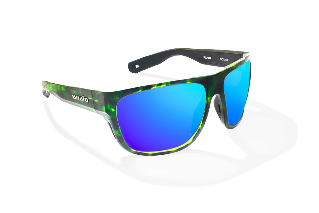 Angled view of Green Water Matte Las Rocas Bajio tech angler sunglasses, bio-based nylon frames with blue mirror polarized lenses, full wrap, extra large fit premium, built in sun ledge and flex hinges, ideal for fishing and outdoor use.
