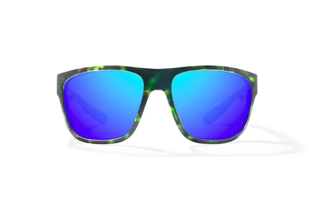 Front view of Green Water Matte Las Rocas Bajio tech angler sunglasses, bio-based nylon frames with blue mirror polarized lenses, full wrap, extra large fit premium, built in sun ledge and flex hinges, ideal for fishing and outdoor use.