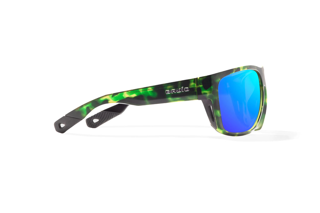 Side view of Green Water Matte Las Rocas Bajio tech angler sunglasses, bio-based nylon frames with blue mirror polarized lenses, full wrap, extra large fit premium, built in sun ledge and flex hinges, ideal for fishing and outdoor use.