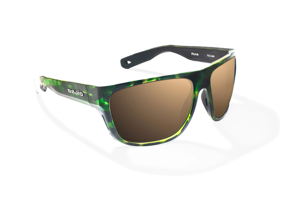 Angled view of Green Water Matte Las Rocas Bajio tech angler sunglasses, bio-based nylon frames with copper polarized lenses, full wrap, extra large fit premium, built in sun ledge and flex hinges, ideal for fishing and outdoor use.