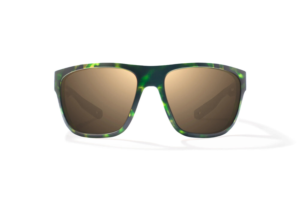 Front view of Green Water Matte Las Rocas Bajio tech angler sunglasses, bio-based nylon frames with copper polarized lenses, full wrap, extra large fit premium, built in sun ledge and flex hinges, ideal for fishing and outdoor use.