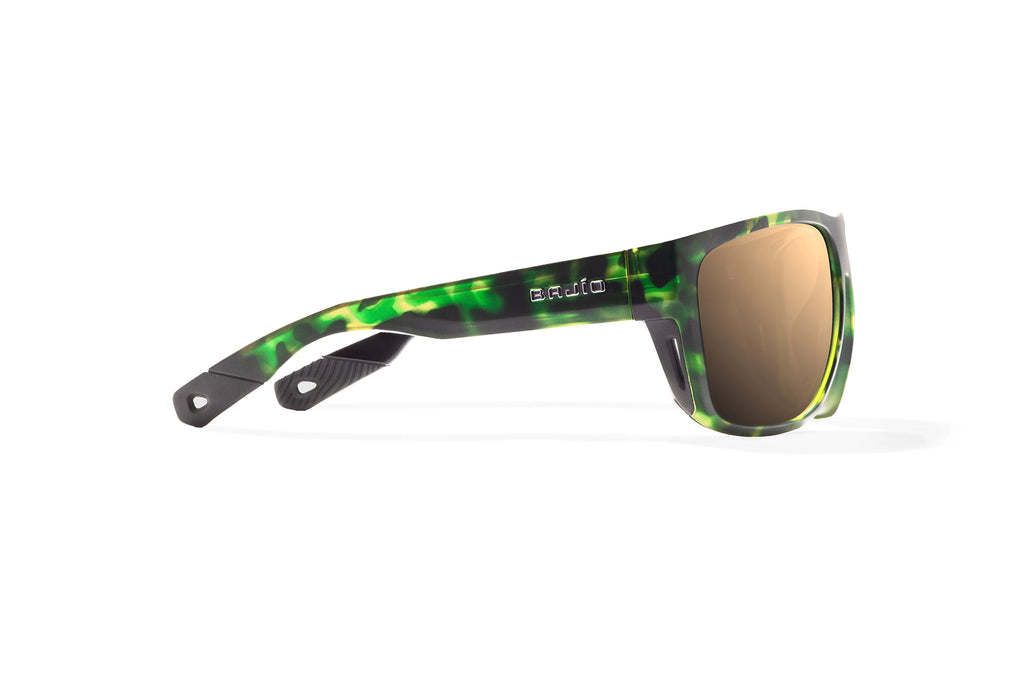 Side view of Green Water Matte Las Rocas Bajio tech angler sunglasses, bio-based nylon frames with copper polarized lenses, full wrap, extra large fit premium, built in sun ledge and flex hinges, ideal for fishing and outdoor use.