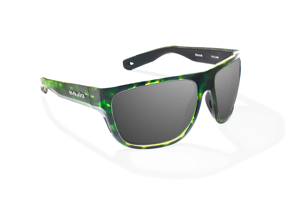 Angled view of Green Water Matte Las Rocas Bajio tech angler sunglasses, bio-based nylon frames with gray polarized lenses, full wrap, extra large fit premium, built in sun ledge and flex hinges, ideal for fishing and outdoor use.