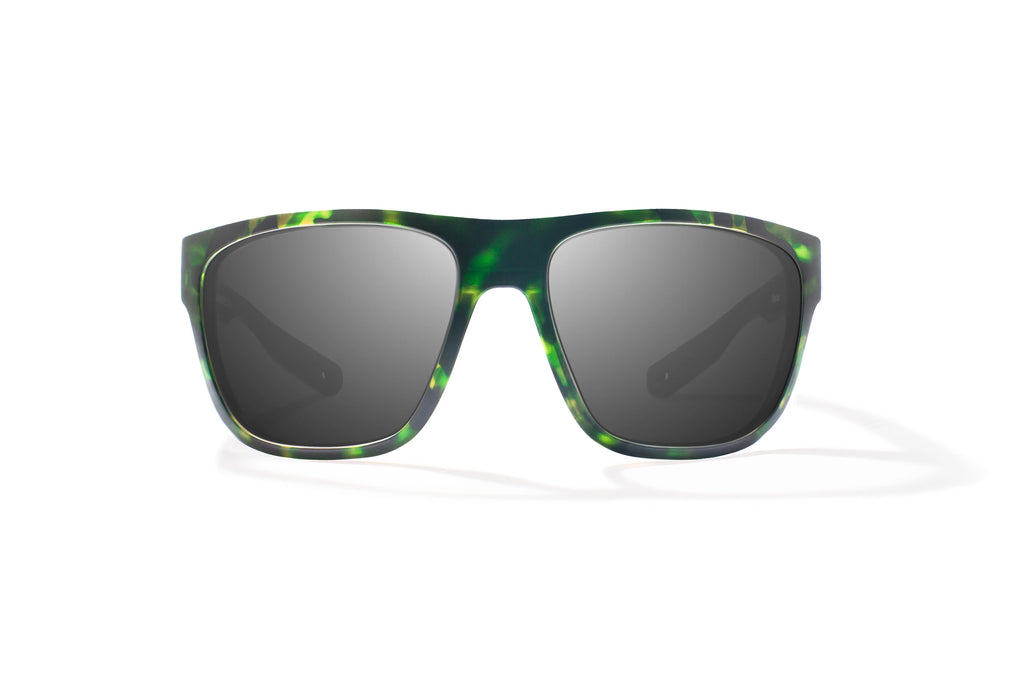Front view of Green Water Matte Las Rocas Bajio tech angler sunglasses, bio-based nylon frames with gray polarized lenses, full wrap, extra large fit premium, built in sun ledge and flex hinges, ideal for fishing and outdoor use.