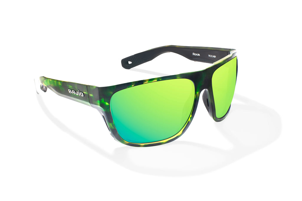 Angled view of Green Water Matte Las Rocas Bajio tech angler sunglasses, bio-based nylon frames with green mirror polarized lenses, full wrap, extra large fit premium, built in sun ledge and flex hinges, ideal for fishing and outdoor use.