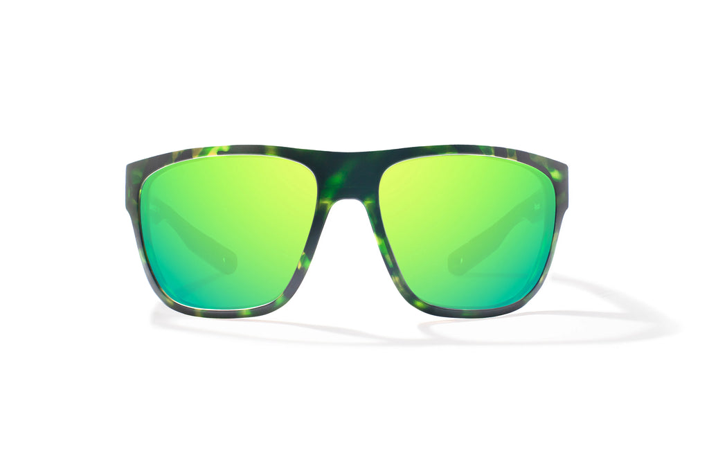 Front view of Green Water Matte Las Rocas Bajio tech angler sunglasses, bio-based nylon frames with green mirror polarized lenses, full wrap, extra large fit premium, built in sun ledge and flex hinges, ideal for fishing and outdoor use.