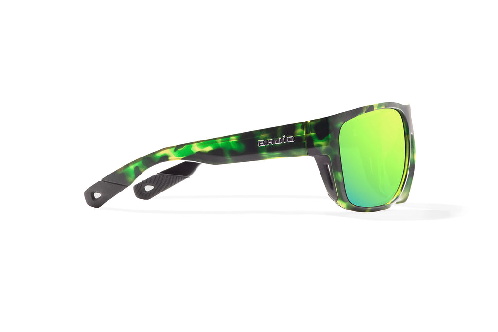 Side view of Green Water Matte Las Rocas Bajio tech angler sunglasses, bio-based nylon frames with green mirror polarized lenses, full wrap, extra large fit premium, built in sun ledge and flex hinges, ideal for fishing and outdoor use.