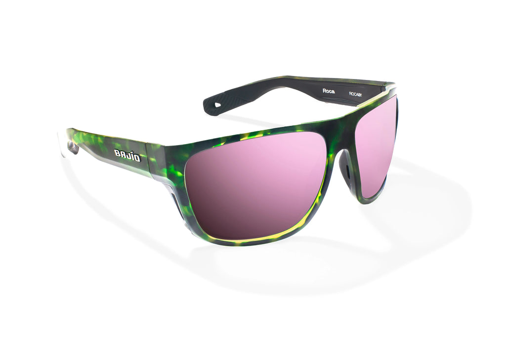Angled view of Green Water Matte Las Rocas Bajio tech angler sunglasses, bio-based nylon frames with rose mirror polarized lenses, full wrap, extra large fit premium, built in sun ledge and flex hinges, ideal for fishing and outdoor use.