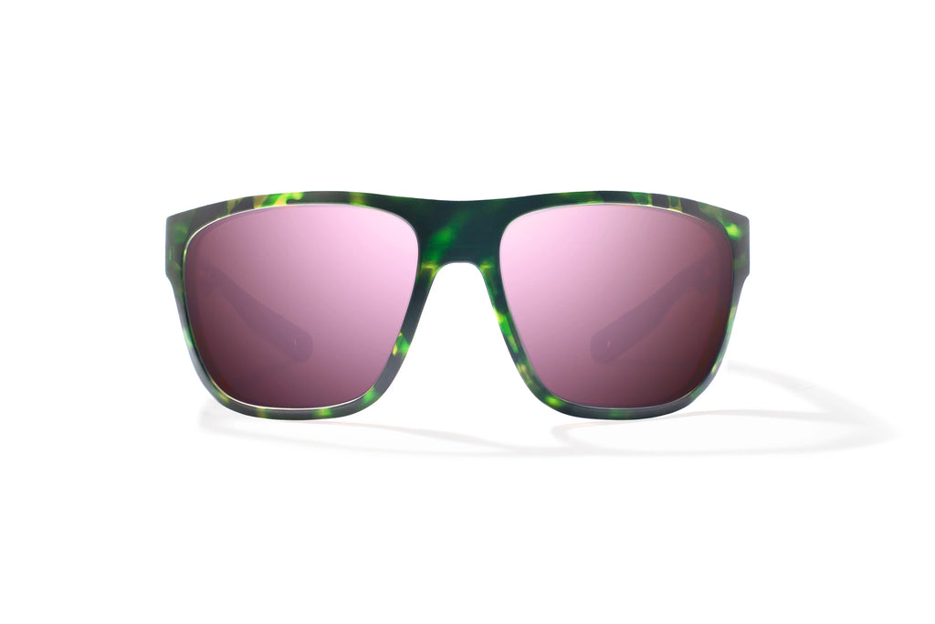 Front view of Green Water Matte Las Rocas Bajio tech angler sunglasses, bio-based nylon frames with rose mirror polarized lenses, full wrap, extra large fit premium, built in sun ledge and flex hinges, ideal for fishing and outdoor use.