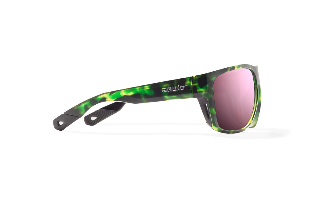 Side view of Green Water Matte Las Rocas Bajio tech angler sunglasses, bio-based nylon frames with rose mirror polarized lenses, full wrap, extra large fit premium, built in sun ledge and flex hinges, ideal for fishing and outdoor use.