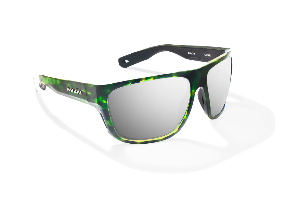 Angled view of Green Water Matte Las Rocas Bajio tech angler sunglasses, bio-based nylon frames with silver mirror polarized lenses, full wrap, extra large fit premium, built in sun ledge and flex hinges, ideal for fishing and outdoor use.