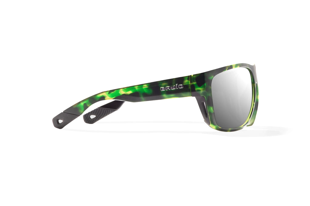 Side view of Green Water Matte Las Rocas Bajio tech angler sunglasses, bio-based nylon frames with silver mirror polarized lenses, full wrap, extra large fit premium, built in sun ledge and flex hinges, ideal for fishing and outdoor use.