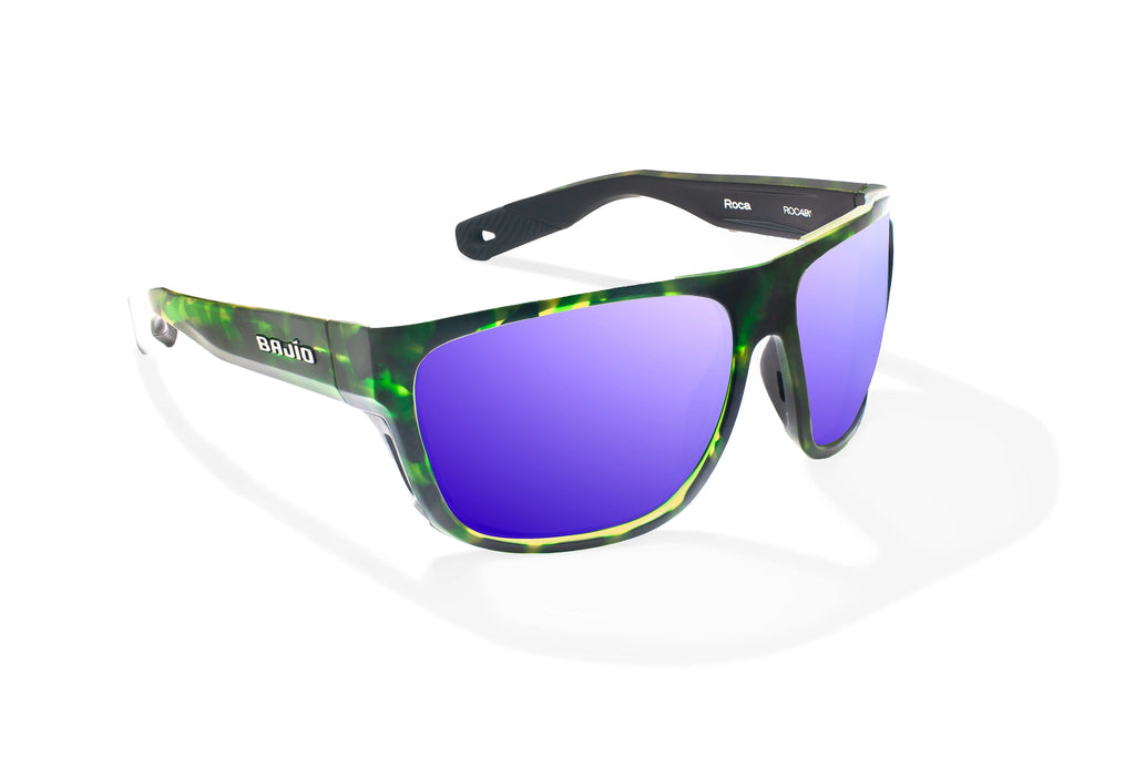 Angled view of Green Water Matte Las Rocas Bajio tech angler sunglasses, bio-based nylon frames with violet mirror polarized lenses, full wrap, extra large fit premium, built in sun ledge and flex hinges, ideal for fishing and outdoor use.