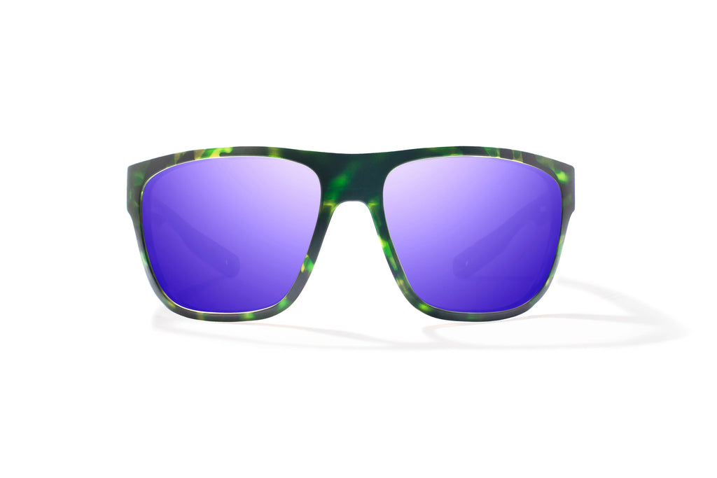 Front view of Green Water Matte Las Rocas Bajio tech angler sunglasses, bio-based nylon frames with violet mirror polarized lenses, full wrap, extra large fit premium, built in sun ledge and flex hinges, ideal for fishing and outdoor use.