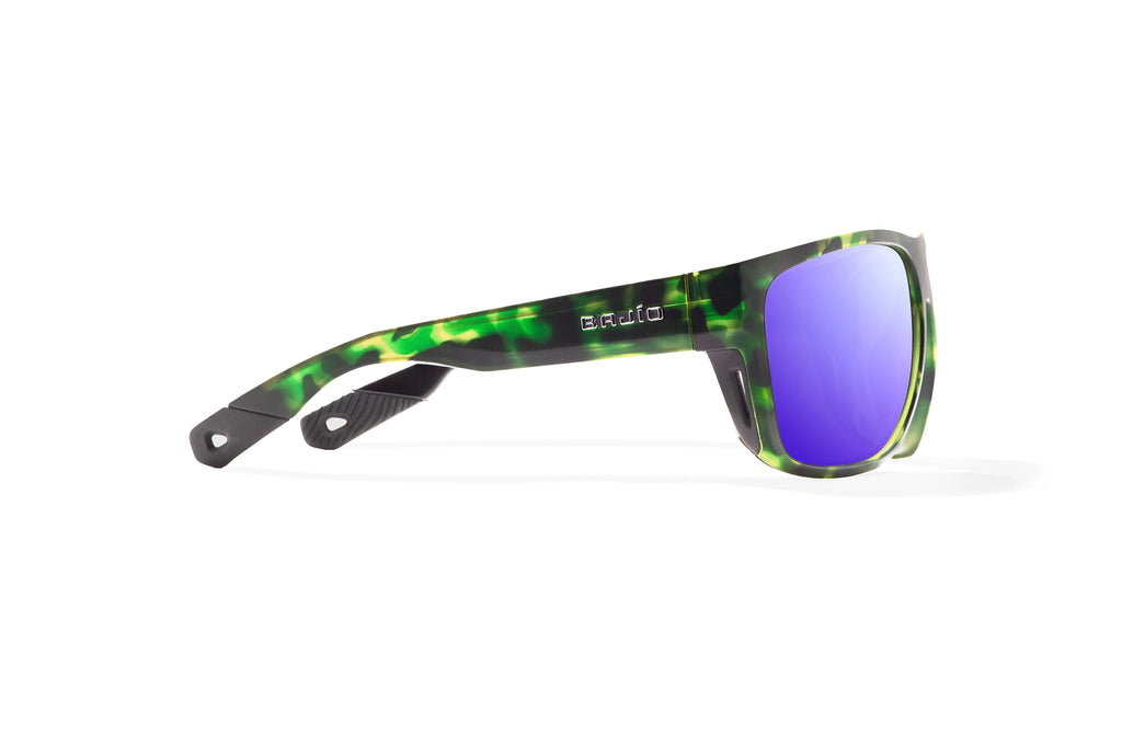 Side view of Green Water Matte Las Rocas Bajio tech angler sunglasses, bio-based nylon frames with violet mirror polarized lenses, full wrap, extra large fit premium, built in sun ledge and flex hinges, ideal for fishing and outdoor use.