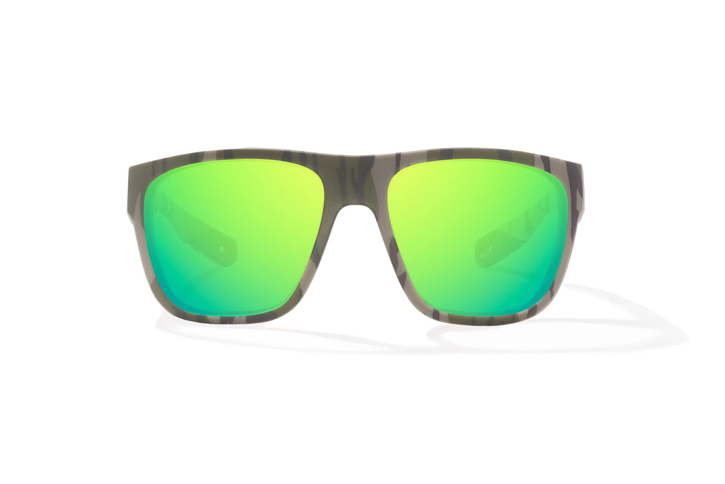 Front view of Army Green Bottomlands Las Rocas in collaboration with Mossy Oak x Bajio tech angler sunglasses, bio-based nylon frames with green mirror polarized lenses, full wrap, extra large fit premium, built in sun ledge and flex hinges, ideal for fishing and outdoor use.