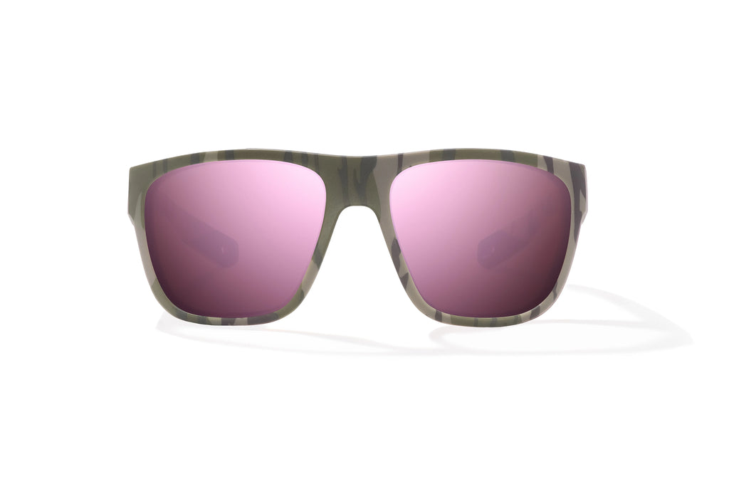 Front view of Army Green Bottomlands Las Rocas in collaboration with Mossy Oak x Bajio tech angler sunglasses, bio-based nylon frames with rose mirror polarized lenses, full wrap, extra large fit premium, built in sun ledge and flex hinges, ideal for fishing and outdoor use.