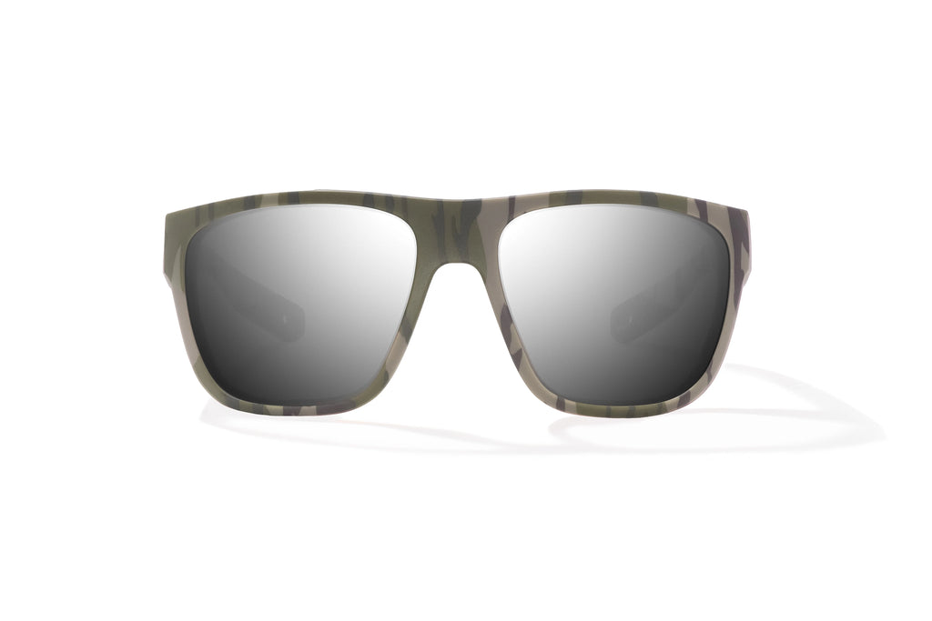 Front view of Army Green Bottomlands Las Rocas in collaboration with Mossy Oak x Bajio tech angler sunglasses, bio-based nylon frames with silver mirror polarized lenses, full wrap, extra large fit premium, built in sun ledge and flex hinges, ideal for fishing and outdoor use.