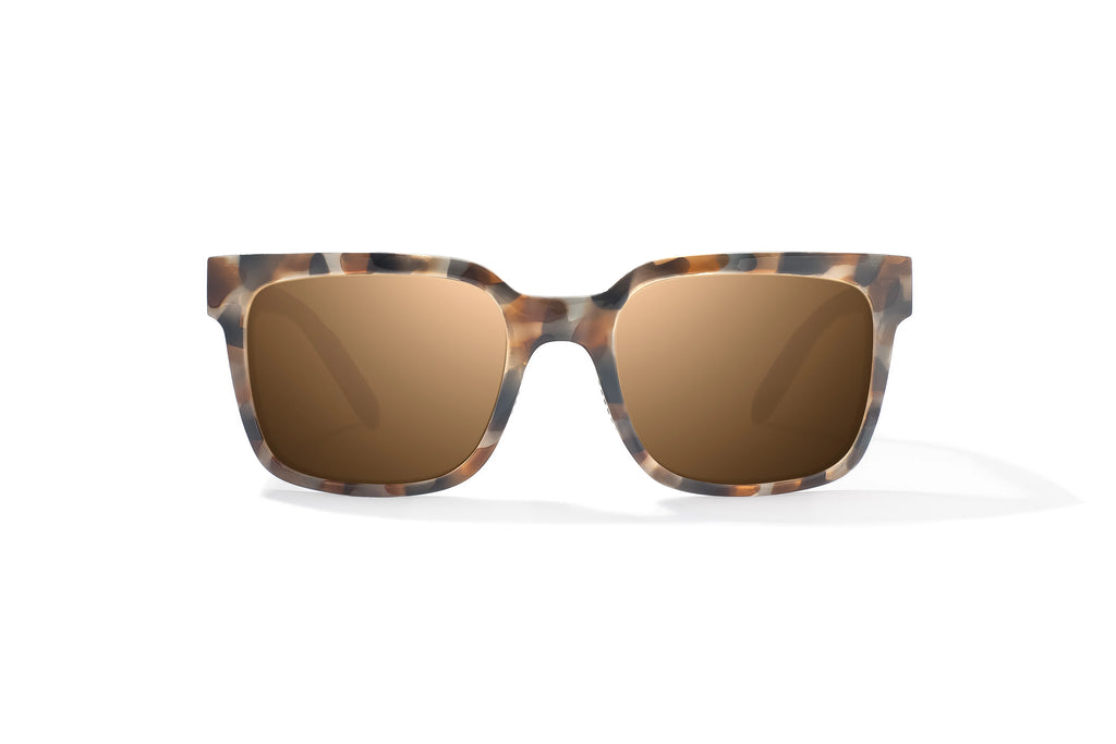 Front view of Tan Rock Gloss Paila Bajio beach sunglasses, bio-based nylon frames with copper polarized lenses, extra large fit premium, built in sun ledge and sturdy barrel hinges, ideal for fishing and outdoor use.