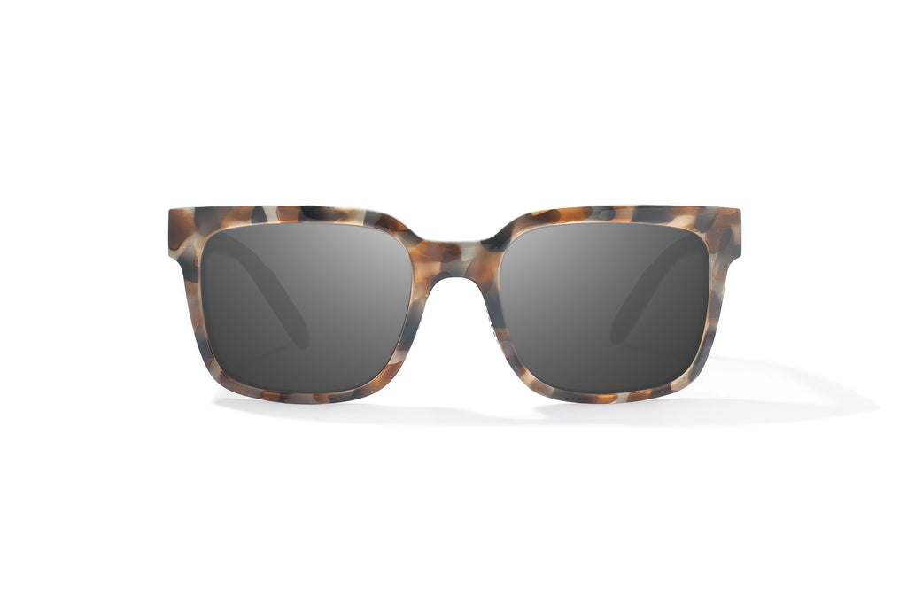 Front view of Tan Rock Gloss Paila Bajio beach sunglasses, bio-based nylon frames with gray polarized lenses, extra large fit premium, built in sun ledge and sturdy barrel hinges, ideal for fishing and outdoor use.