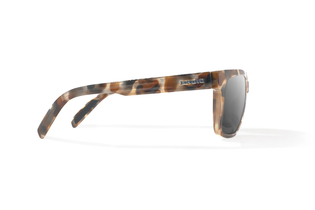 Side view of Tan Rock Gloss Paila Bajio beach sunglasses, bio-based nylon frames with gray polarized lenses, extra large fit premium, built in sun ledge and sturdy barrel hinges, ideal for fishing and outdoor use.