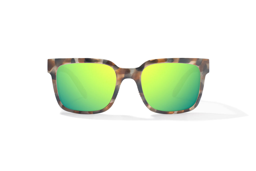 Front view of Tan Rock Gloss Paila Bajio beach sunglasses, bio-based nylon frames with green mirror polarized lenses, extra large fit premium, built in sun ledge and sturdy barrel hinges, ideal for fishing and outdoor use.