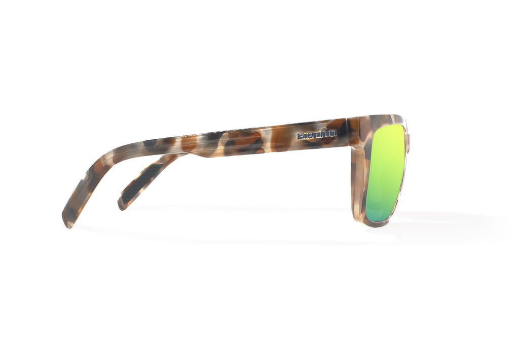 Side view of Tan Rock Gloss Paila Bajio beach sunglasses, bio-based nylon frames with green mirror polarized lenses, extra large fit premium, built in sun ledge and sturdy barrel hinges, ideal for fishing and outdoor use.