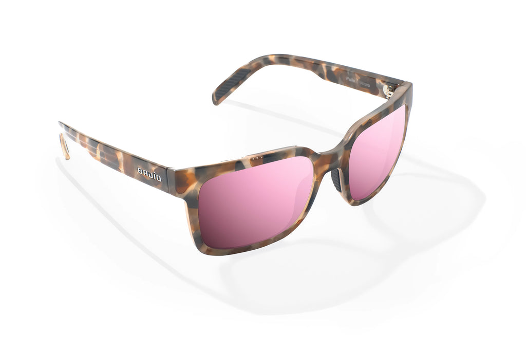 Angled view of Tan Rock Gloss Paila Bajio beach sunglasses, bio-based nylon frames with rose mirror polarized lenses, extra large fit premium, built in sun ledge and sturdy barrel hinges, ideal for fishing and outdoor use.