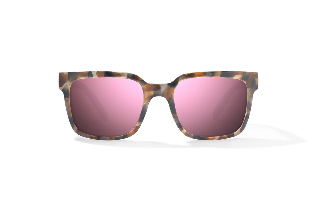 Front view of Tan Rock Gloss Paila Bajio beach sunglasses, bio-based nylon frames with rose mirror polarized lenses, extra large fit premium, built in sun ledge and sturdy barrel hinges, ideal for fishing and outdoor use.