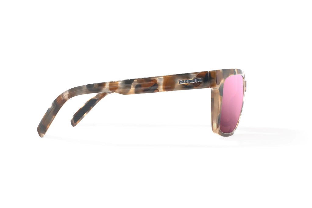 Side view of Tan Rock Gloss Paila Bajio beach sunglasses, bio-based nylon frames with rose mirror polarized lenses, extra large fit premium, built in sun ledge and sturdy barrel hinges, ideal for fishing and outdoor use.