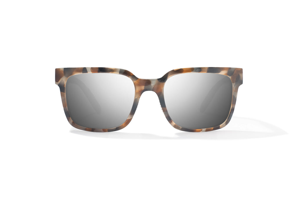 Front view of Tan Rock Gloss Paila Bajio beach sunglasses, bio-based nylon frames with silver mirror polarized lenses, extra large fit premium, built in sun ledge and sturdy barrel hinges, ideal for fishing and outdoor use.
