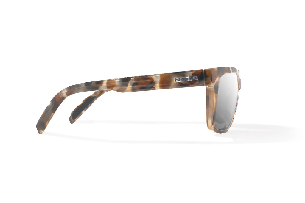 Side view of Tan Rock Gloss Paila Bajio beach sunglasses, bio-based nylon frames with silver mirror polarized lenses, extra large fit premium, built in sun ledge and sturdy barrel hinges, ideal for fishing and outdoor use.