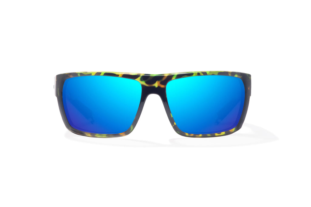 Front view of Green Rock Gloss Palometa Bajio tech angler sunglasses, bio-based nylon frames with blue mirror polarized lenses, full wrap, medium fit, premium built in sun ledge and flex hinges, ideal for fishing and outdoor use.
