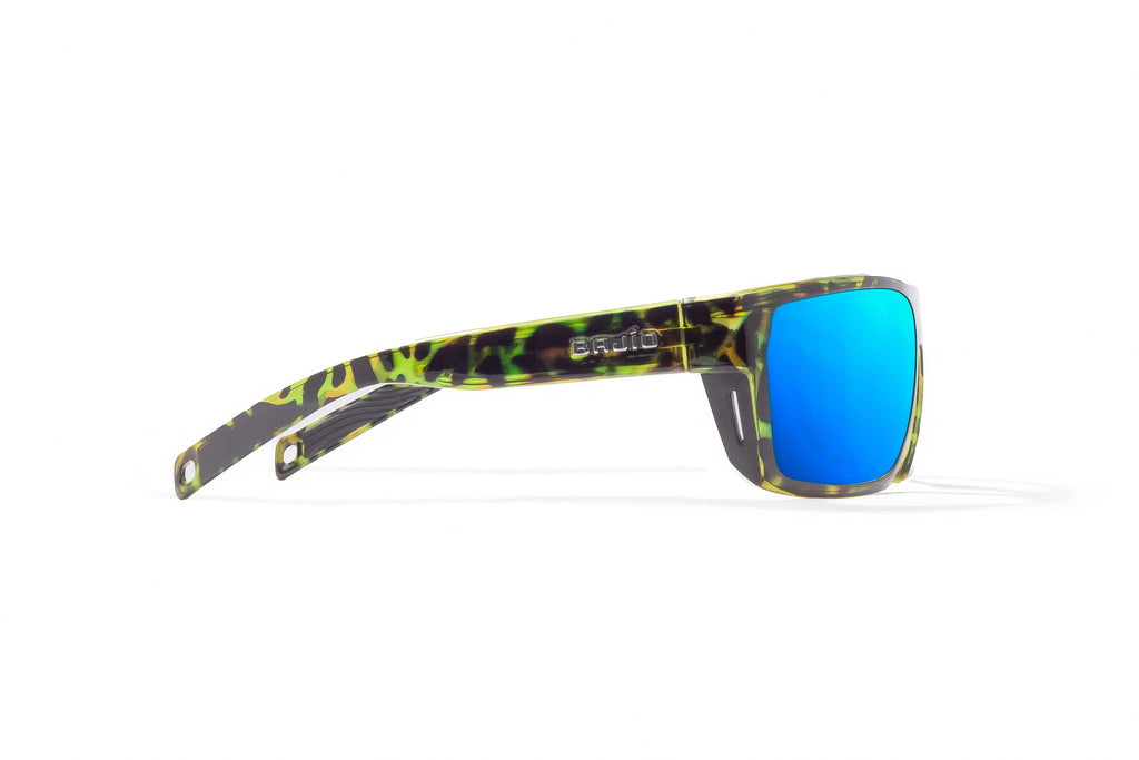 Side view of Green Rock Gloss Palometa Bajio tech angler sunglasses, bio-based nylon frames with blue mirror polarized lenses, full wrap, medium fit, premium built in sun ledge and flex hinges, ideal for fishing and outdoor use.