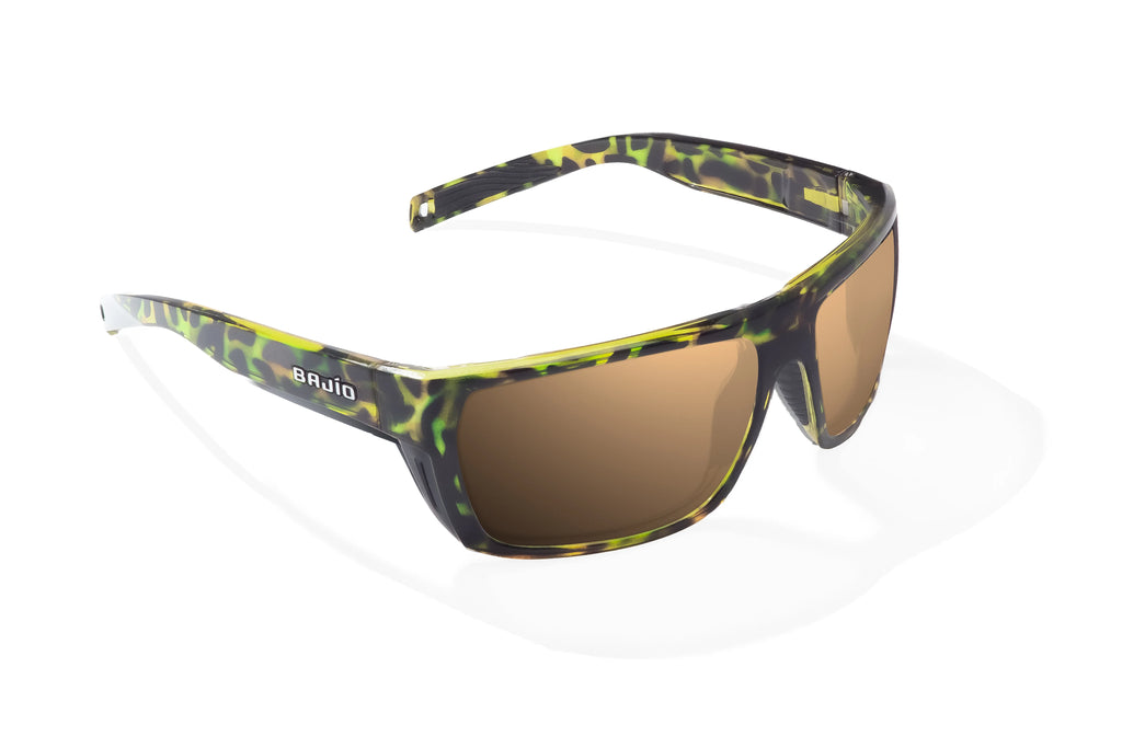 Angled view of Green Rock Gloss Palometa Bajio tech angler sunglasses, bio-based nylon frames with copper polarized lenses, full wrap, medium fit, premium built in sun ledge and flex hinges, ideal for fishing and outdoor use.