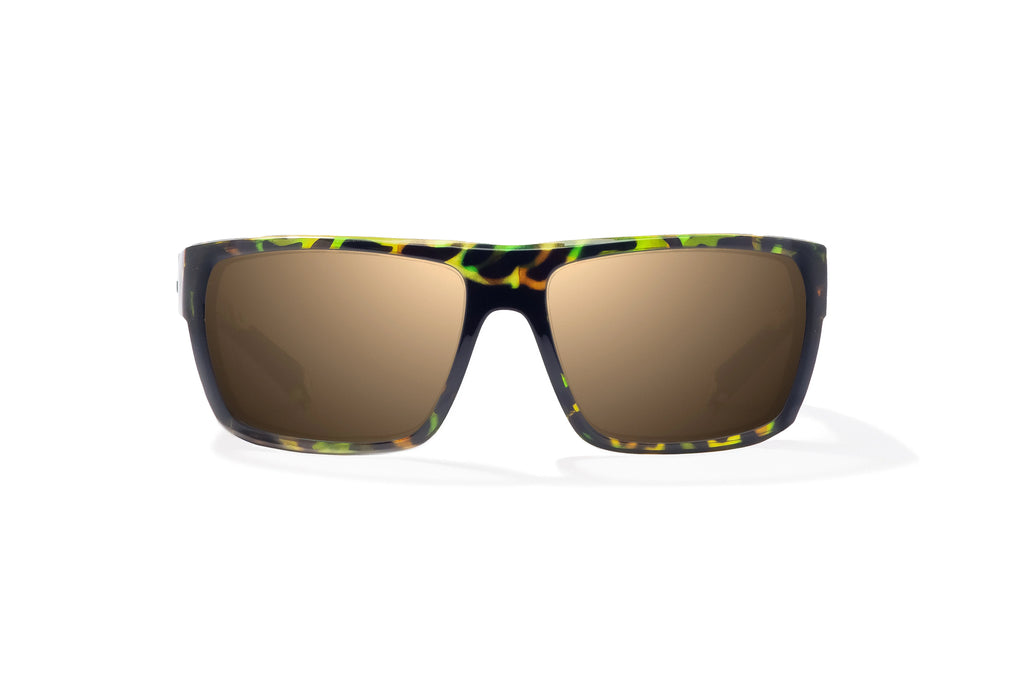 Front view of Green Rock Gloss Palometa Bajio tech angler sunglasses, bio-based nylon frames with copper polarized lenses, full wrap, medium fit, premium built in sun ledge and flex hinges, ideal for fishing and outdoor use.